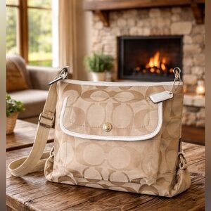 Coach Kyra 2011  Beige Signature Canvas Crossbody with White Trim